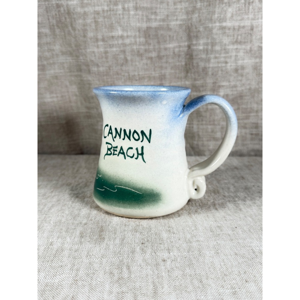 Studio Pottery Cannon Beach Mug Oregon Blue Green Good Vintage Haystack Rock